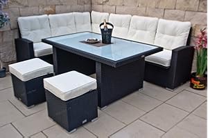 Ragnarök-Möbeldesign PolyRattan Ecklounge DEUTSCHES Familienunternehmen seit 1928 EIGENE Produktion - 8 Jahre GARANTIE - Gartenmöbel Essgruppe Tisch hohe Dining Polyrattan Aluminium Schwarz