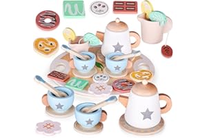 quiodok Wooden Tea Set for Toddlers Pretend Role Play Kitchen Accessories Toys Wooden Kitchen Accessories Kids Tea Set for 2 Year Olds Girls Boys Birthday Gifts