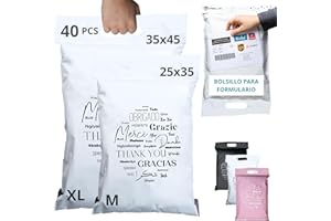 EMBALLAX 40 sobres para envíos de ropa CON BOLSA PORTADOCUMENTOS - 2 Tamaños M/XL - 100% OPACO/ULTRA-RESISTENTE/IMPERMEABLE - Sobres Plastico con Asa - Bolsas de Envio Paquetes (Blanco, Tamaño M/XL)