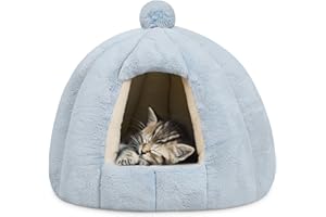 ALLSOPETS Cama Cueva para Gatos y Perros, Cama Igloo Interior con Cojín Extraíble y Lavable, Nido Cálido y Acogedor para Mascotas Pequeñas y Medianas (Azul Glaciar, L)