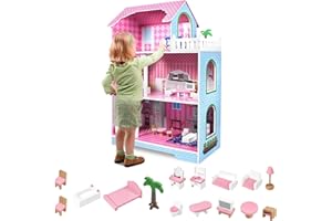 HENGMEI Casa de muñecas infantil de madera, juego de 3 pisos, casa de muñecas con muebles y accesorios, 70 x 30 x 100 cm, casa de muñecas para niños (tipo B)