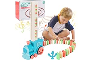 Qooloo Treno Domino Automatico, Domino Electric Train con 60 Blocchi Domino, Set Treno Domino, Treno Elettrico Rally Domino con Luci e Musica, Giocattolo Educativo per Bambini dai 3 Anni in Su