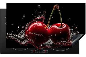 KitchenYeah© Protection Pour Plaque Induction 91x52 cm Deco Cuisine Protégé Cache De Cuisson Vitroceramique Cerises - Rouge - Fruit - Eau - Noir