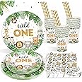 Heboland Wild One Birthday Decorations Plates Set for 25 Guests, Boys Safari Jungle Theme Party Decorations Paper Plates Cups Napkins Straws Tableware Wild One Party Supplies