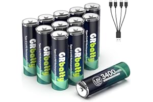GRbatty USB Wiederaufladbare AA Lithium Akkus 12 Stück, USB C Wiederaufladbare Doppel A Lithium Batterien, 3400mWh 1.5V mit 4-in-1 Ladekabel, 1 Stunde Schnelles Aufladen AA Wiederaufladbare Batterie