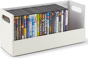Stock Your Home DVD Storage Box, Movie Shelf Organizer for Blu-Ray, Video Game Cases, CDs, VHS Tape Display Stand, Disc Holder Can Store Up to 28 DVDs, Faux Leather (White)