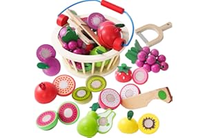 Smartwo Frutas Madera Juguete para Cortar, Comida Madera Juguete para Cocinita, Frutas y Verduras Juguete con Cesta, Accesorios Cocinita Infantil, Cocina Juguete, Regalo Niños 2 3 4 5 Años