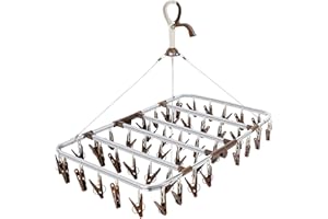 ANVINKU Sock Dryer, Aluminum 46 Pegs Sock Hanger for Washing Line, Folding Clothes Drying Rack with Windproof Hook, Hanging Clothes Airer for Socks, Underwear, Baby Clothes & Hats （Dark Brown）