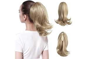 CJL HAIR Clip in Ponytail Extension 12 Inch Ash Blonde Curly Ponytail Hair Extensions Synthetic Fake Short Hair Pony Tail Extension Hairpieces for Women Girls