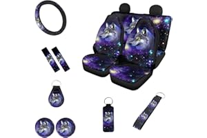 Belidome Wolf Blue Galaxy Stars Auto Zubehör Set für Frauen mit Lenkradbezug Sitzbezug Sicherheitsgurtpolster Chapstick Halter Untersetzer Schlüsselanhänger