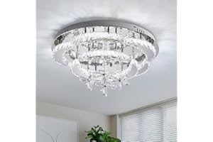 Warmiehomy 50cm Modern Crystal LED Ceiling Light,32W Hallway Lights Ceiling with K9 Crystals & Stainless Steel, Crystal Chandeliers for Living Room Bedroom Kitchen(Cool White)