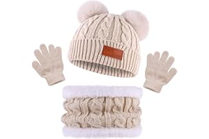 Bekecidi Szalik Zestaw Czapki i Rękawice dla Dziewczyny i Dzieci Ciepłe Dzianiny Kapelusz Szalik Rękawice Zestaw Termiczne Beanie Czapki z Pompom Zimowe Akcesoria dla dzieci1-5 lat
