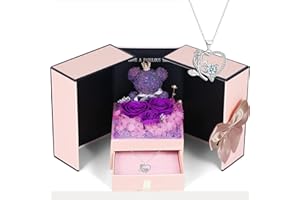 ELEUTH Rosa Eterna con Oso de Musgo,Rosa Eterna Natural Preservada con Collar Regalos Originales para Mujer Mama Novia Caja Regalo San Valentin,Dia de la Madre,Aniversario,Cumpleaños,Navidad