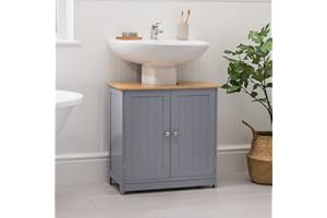 CHRISTOW Under Sink Bathroom Cabinet, Free Standing Wooden Sink Storage Unit, Grey & Bamboo Furniture, Basin Cupboard With Shelf