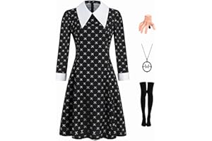 MIULRUMA Mittwoch Kostüm Damen Schwarzes Gotisch Kleid Mittwoch Family Kostüm Erwachsene Karnevalskostüm Addams Cosplay Outfit mit Halskette Haarnadel Strümpfe für Fasching Halloween