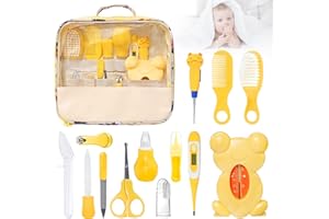 Kit de Soin Bébé 13pcs, BelonLink Trousse complète de soin pour bébé, Toilettage de Soin Quotidien Portable Kit Toilette Bébé Naissance Thermomètre de Bain, Coupe-ongles, Ciseaux, Peigne pour Bébé