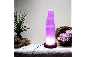 4All Selenite Crystal Rock LED USB Lamp Handmade Multi-Colour Mountain Tower Lamp Spiritual Energy and Healing Meditation Home Decoration Gifts Table Lamp Mineral Wooden Base (30cm)