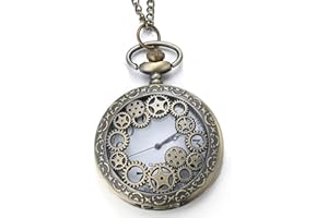 HALUKAKAH Hombres Reloj de Bolsillo con Cadena Cuarzo Vintage Patrón de Rueda Dentada Escala de Números Romanos, con 2 Cadenas Set Cadena de Bolsillo+Collar, Caja de Regalo