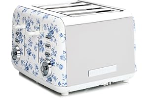 VQ Laura Ashley Tostapane Vintage 4 Fette - Riscaldamento Regolabili, Scongelamento e Modalità di Riscaldamento - Acciaio Inossidabile Tosta Pane con Croissant Scaffale Riscaldante - China Rose