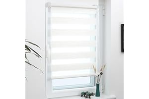 Grandekor Estores Enrollables Sin Taladrar, Estores Noche y Dia de Doble Capa, Stores Ventanas Dormitorio Lino 45 x 110 cm (LxA)