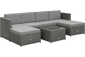 Outsunny Set Mobili da Giardino 7 Pezzi in Rattan e Acciaio, Salotto da Esterno con Tavolo, Poltrone e Pouf, Grigio