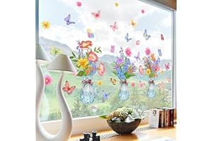 SINEKONG Naklejka na okno, ogród, kwiaty, wazony, motyle, wiosna, samoprzylepne naklejki okienne, antykolizyjne, dwustronne naklejki na szkło, dekoracja wiosenna, letnia