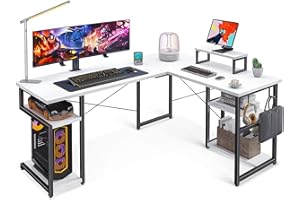 ‎ODK ODK Eckschreibtisch, Schreibtisch L Form mit Regal & Haken, PC Gaming Tisch mit Monitorständer, Schreibtisch für Arbeitszimmer und Homeoffice Weiß 148×120 cm