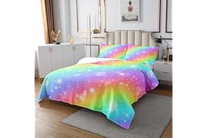 HOMEMISSING Galaxis Bettüberwurf Glitter Regenbogen Streifen Dekor Tagesdecke 220x240cm für Kinder Jungen Universum Sternenhimmel Steppdecke Bunte Funkeln Sterne Raum Wohndecke mit 2 Kissenbezügen 3St