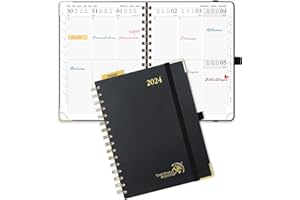 POPRUN Agenda 2024 A5 Semainier 21,5 x 16 cm, Planner Vertical 12 Mois De jan 2024 à déc 2024 avec Couverture Rigide Spirale, Poche intérieur, Papier Certifié FSC®100 g/m²- Noir