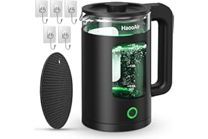 Haooair Kettle, 1.5 Liter Electric Kettle with Green LED, Easy to Clean Glass Kettle, Fast Boil Quiet, BPA-Free, Boil-Dry Protection (Gifts: Black Table Place Mats & Wall Hooks)
