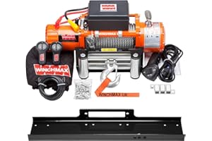 ‎WINCHMAX Winchmax 13500lb / 6123kg Original orange 12v elektrische Winde. 26 m 9,5 mm verzinktes Stahldrahtseil. 3/8 Zoll Gabelkopfhaken, Fairlead und Flachbett-Montageplatte