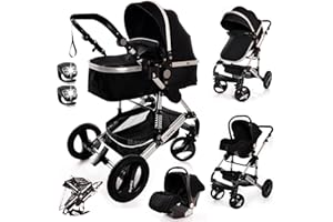 BAYOBAY Baby Stroller 3 in 1 Pram Pushchair Buggy Child Lightweight Folding Stroller 3 in 1 Travel System Pram for Newborns Toddlers from Birth Aluminium New Upgraded 2025 Style (Black - Silver Frame)