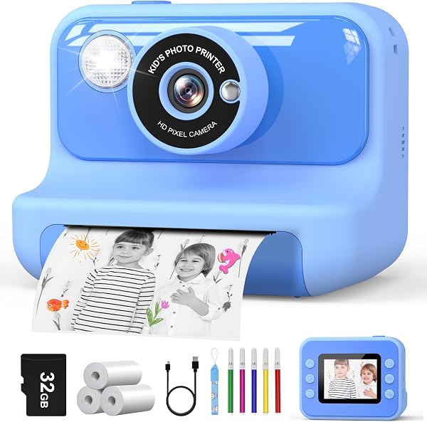 Hangrui Sofortbildkamera Kinder, 2,4 Zoll Kinderkamera Sofortbildkamera mit 32G Karte & Druckpapier, 1080P Kamera Kinder Sofortdruck mit Farbige Stifte, Geschenk für Kinders 3-12 Jahren-Blau - 1