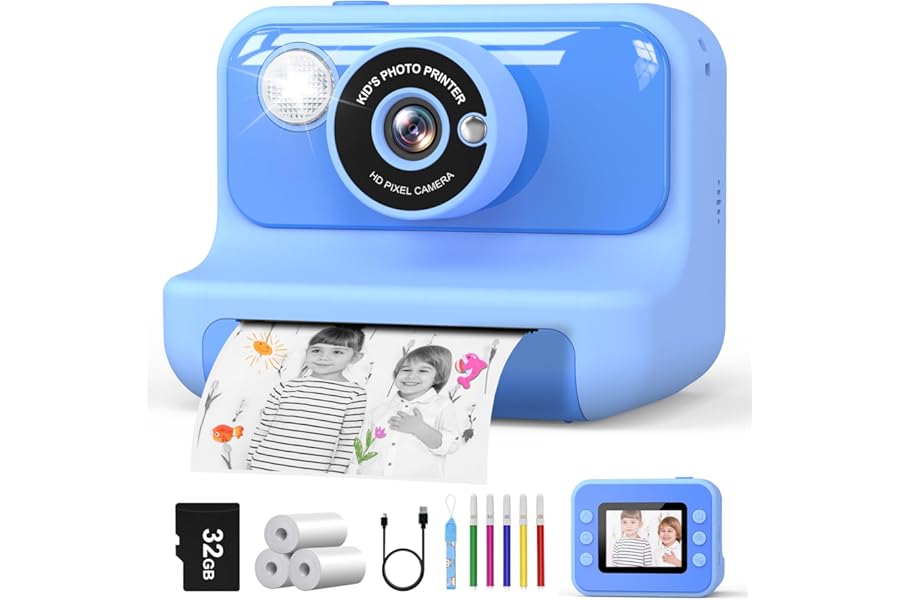 Hangrui Kids Camera Instant Print, 2.4'' Instant Camera for Kids, 1080P Children Cameras with 32GB Card & 3 Rolls Photo Paper, Christmas Birthday Gifts Toys for Girls & Boys Aged 3-12 -Blue
