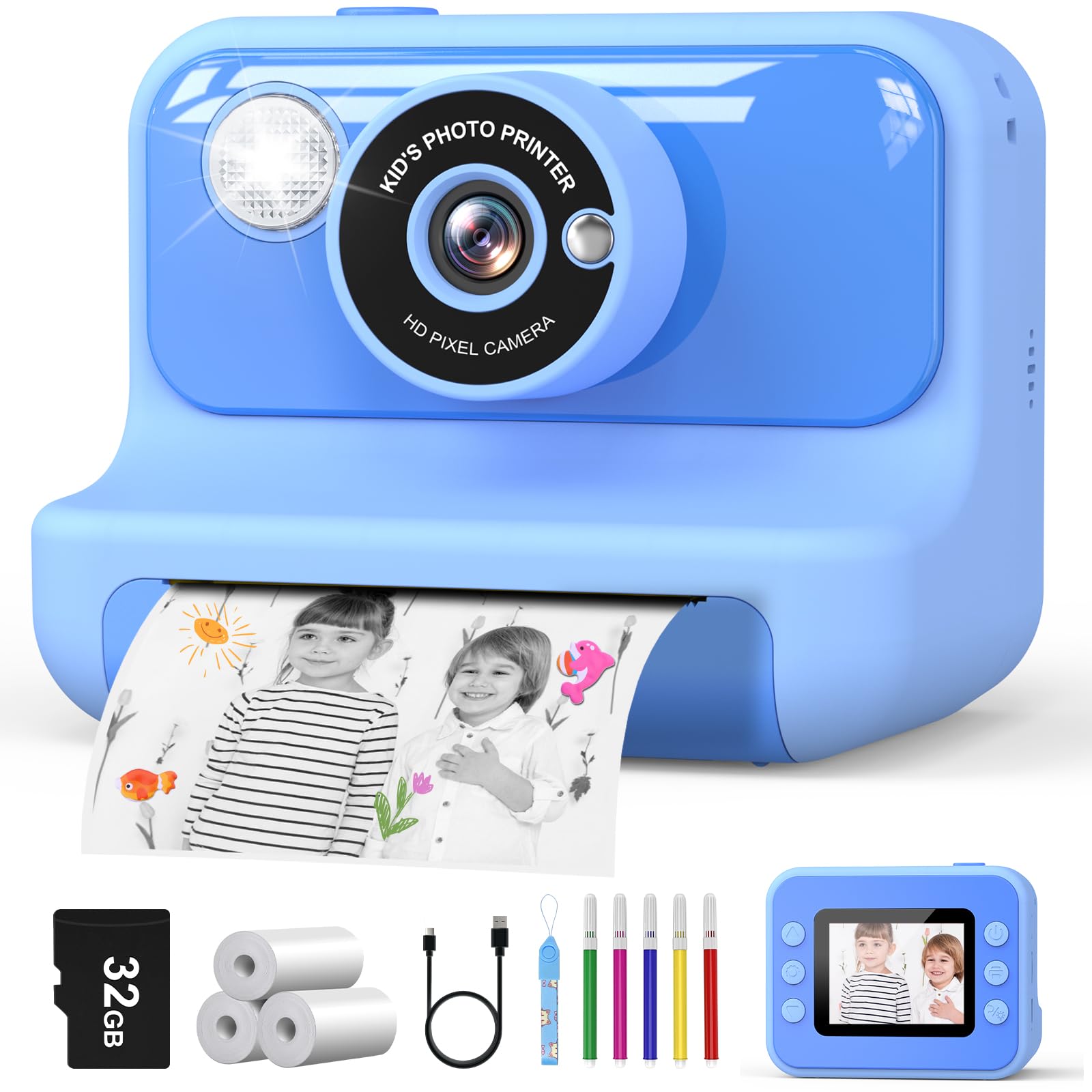 Hangrui Macchina Fotografica Bambini Istantanea, 2,4 Pollici Fotocamera Istantanea Bambini con 32G Scheda,20MP/1080P Fotocamera Digitale,Giocattolo Regalo per Ragazze Ragazzi dai 3-10 Anni-Blu - 1
