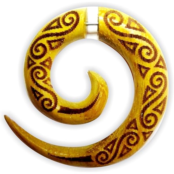 Orecchini A Spirale Finto Piercing In Legno - Stile Tribale, Acciaio Chirurgico, Chiusura A Vite O Snap, Unisex - Foto 3