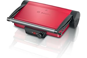 Bosch Bistecchiera TCG4104, 3 Posizioni di Cottura, 5 Livelli di temperatura, 2000W, Piastre Grill in Alluminio Rimovibili e Lavabili in Lavastoviglie, Rivestimento Ceramico Antiaderente, Rosso