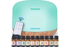 Sminiker Difusor de Aceite Esencial de 500ML Modo de pulverización Ajustable y Apagado automático sin Agua con Control Remoto inalámbrico, difusor de hogar de 7 Colores de luz LED, Multicolor