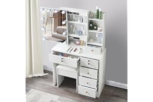 Guanglai Makeup Vanity,White Vanity with Mirror and Light Set Makeup Desk with Drawers and Mirror Lights Womens Vanity Dressing Table with Mirror and Stool for Bedroom
