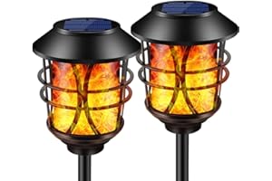 SOLARBABY Luces solares al aire libre, Solar Lights Jardín al aire libre Negro Metal parpadeante Luces de llama Iluminación de paisaje impermeable al aire libre para el patio del jardín Patio