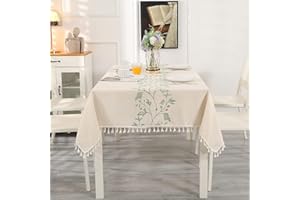 SUCHDECO obrus prostokątny, bawełniany, lniany obrus, pyłoszczelny, zmywalny, beżowy obrus na stół z frędzlami, zielone haftowane liście, do kuchni, jadalni, na imprezę, 140 x 240 cm