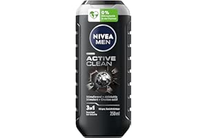 NIVEA MEN Active Clean żel pod prysznic, neutralny dla skóry pH, pielęgnujący żel pod prysznic dla mężczyzn o stymulującym zapachu, formuła z węglem aktywnym do ciała, twarzy i włosów (250 ml)