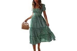 Colisha Womens Short Puff Sleeve Square Neck Floral Midi Dresses Flared Flowy Chiffon Maxi Dress Summer Beach Holiday Sundress