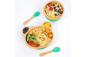 Vinsani Bamboo Panda Plate Bowl and Spoon Set for Baby Toddler Kids Children, Suction Plate, Stay-Put Non-Slip Base Design, Hypoallergenic, Food-Grade Silicone and BPA-Free Baby Feeding Set (Green)