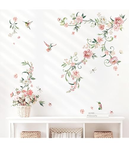 Stickers Muraux Fleurs Rose Aquarelle - Déco Chambre Bébé Fille, Salon, Bureau, 8 Feuilles