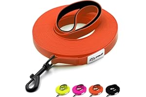 Miauff Schleppleine für Hunde, Gummiert & Wasserdicht, Robuste Trainingsleine mit Handschlaufe & Karabiner für Große bis Kleine Hunde (orange, 10m)