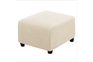 qiden Square Footstool Cover Stretch Ottoman Cover Plush, 10% Thicker Large Stretch Pouffe Cover Anti-Slip Foot Stool Jacquard Slipcovers With Elastic Bottom, Machine Washable-Cream White-Large