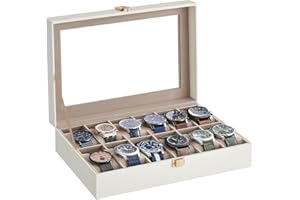 SONGMICS Caja de Relojes con 12 Compartimentos, Estuche de Relojes con Tapa de Cristal, Cojín Extraíble, Cierre Metálico, Regalo, Cuero Sintético Blanco Nube y Forro Beige Capuchino JWB120W01