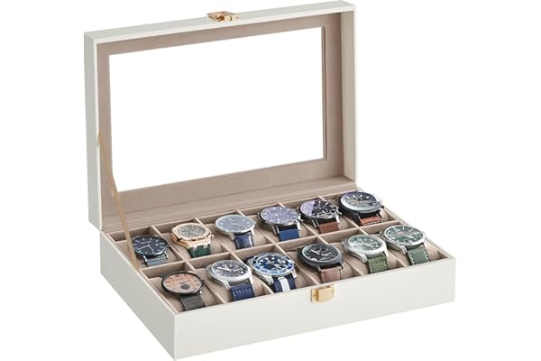 SONGMICS Caja de Relojes con 12 Compartimentos, Estuche de Relojes con Tapa de Cristal, Cojín Extraíble, Cierre Metálico, Regalo, Cuero Sintético Blanco Nube y Forro Beige Capuchino JWB120W01