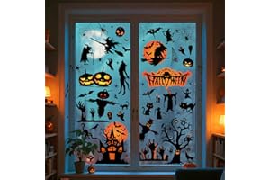 ‎ETOPGO Etopgo Halloween Fensterbilder, 9 Blatt 111 STK Halloween Deko Fenster Kürbisse, Spinnennetze, Fledermäuse Fensteraufkleber, Doppelseitiger Druck Wiederverwendbare PVC Aufkleber für Party Deko